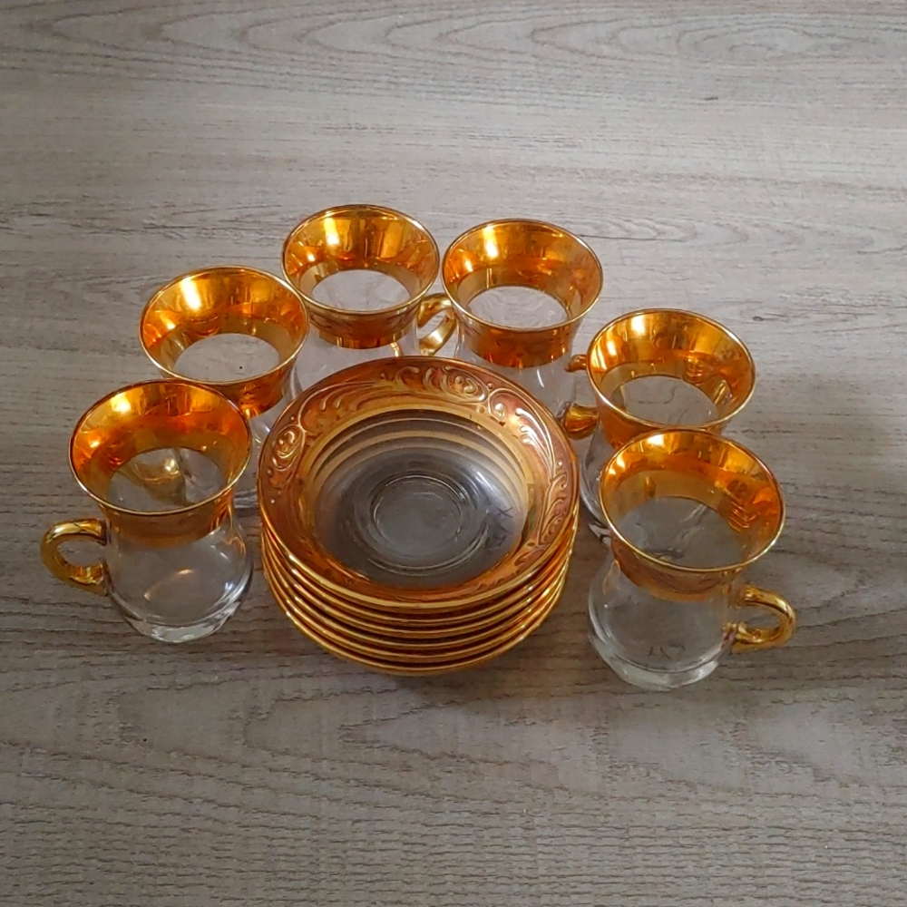 6 Pasabahce Turkish Tea Glass Set Gold Trim Turkey Cup Saucer